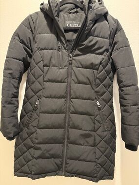 GUESS Charcoal Quilted Hooded Puffer Coat
